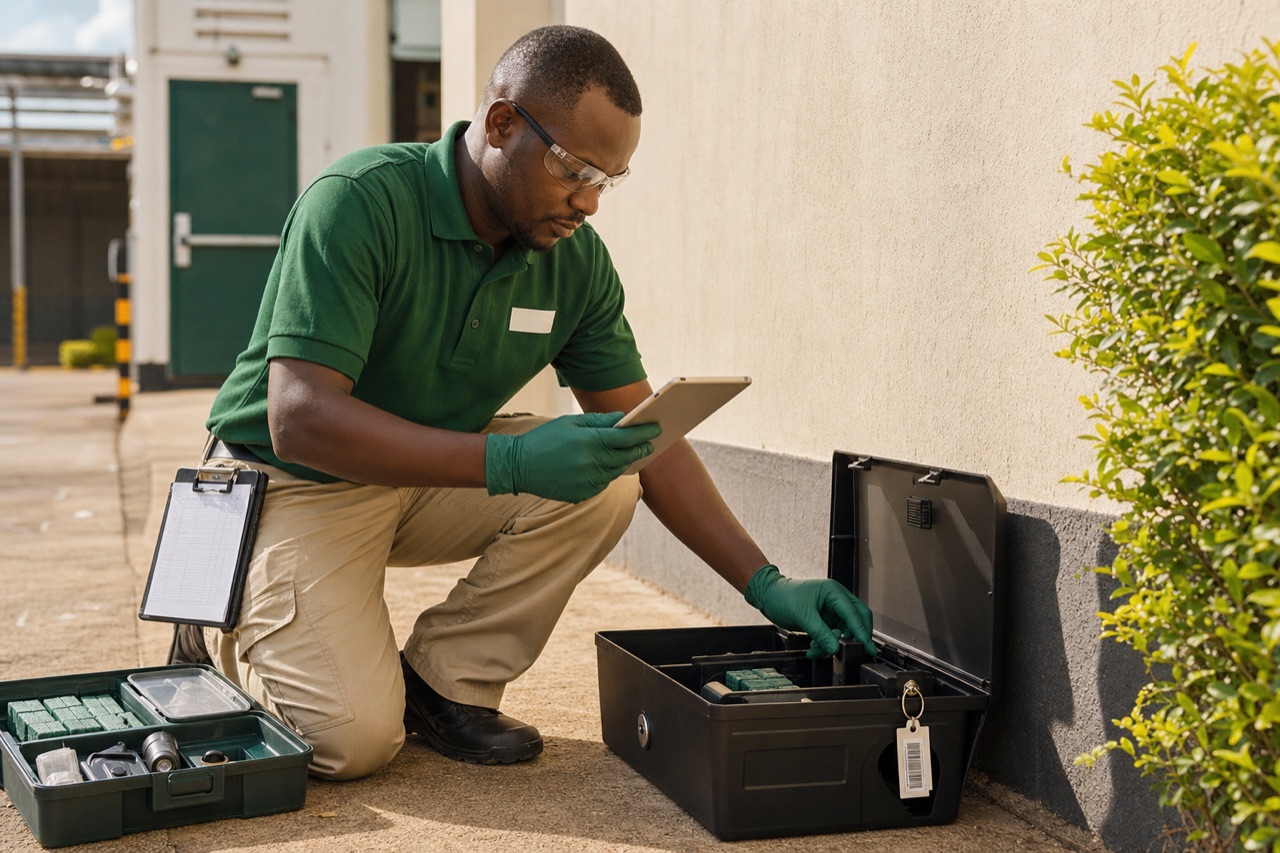 Tamper-resistant bait station and monitoring setup for commercial pest control in Kenya