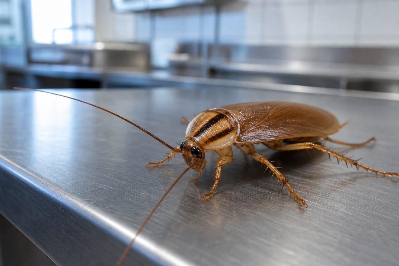 Adult German cockroach (Blattella germanica) on a stainless steel kitchen prep surface, used for cockroach identification and management in Kenyan kitchens