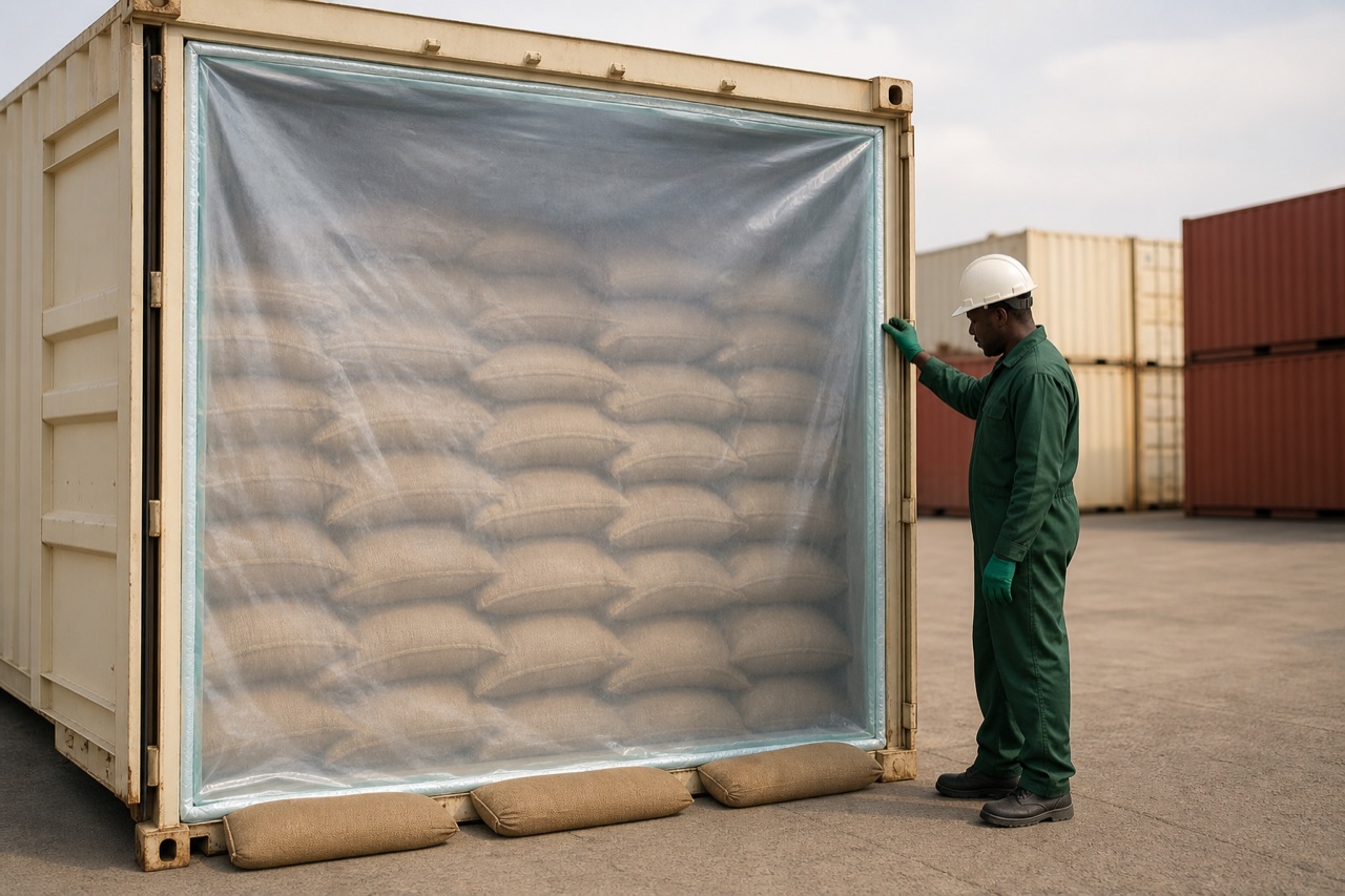 Kenya Pest Control technician in forest green branded coveralls and cream hard hat checking the sealed fumigation sheet at the rear doors of a maize loaded export shipping container at a Kenyan inland container depot