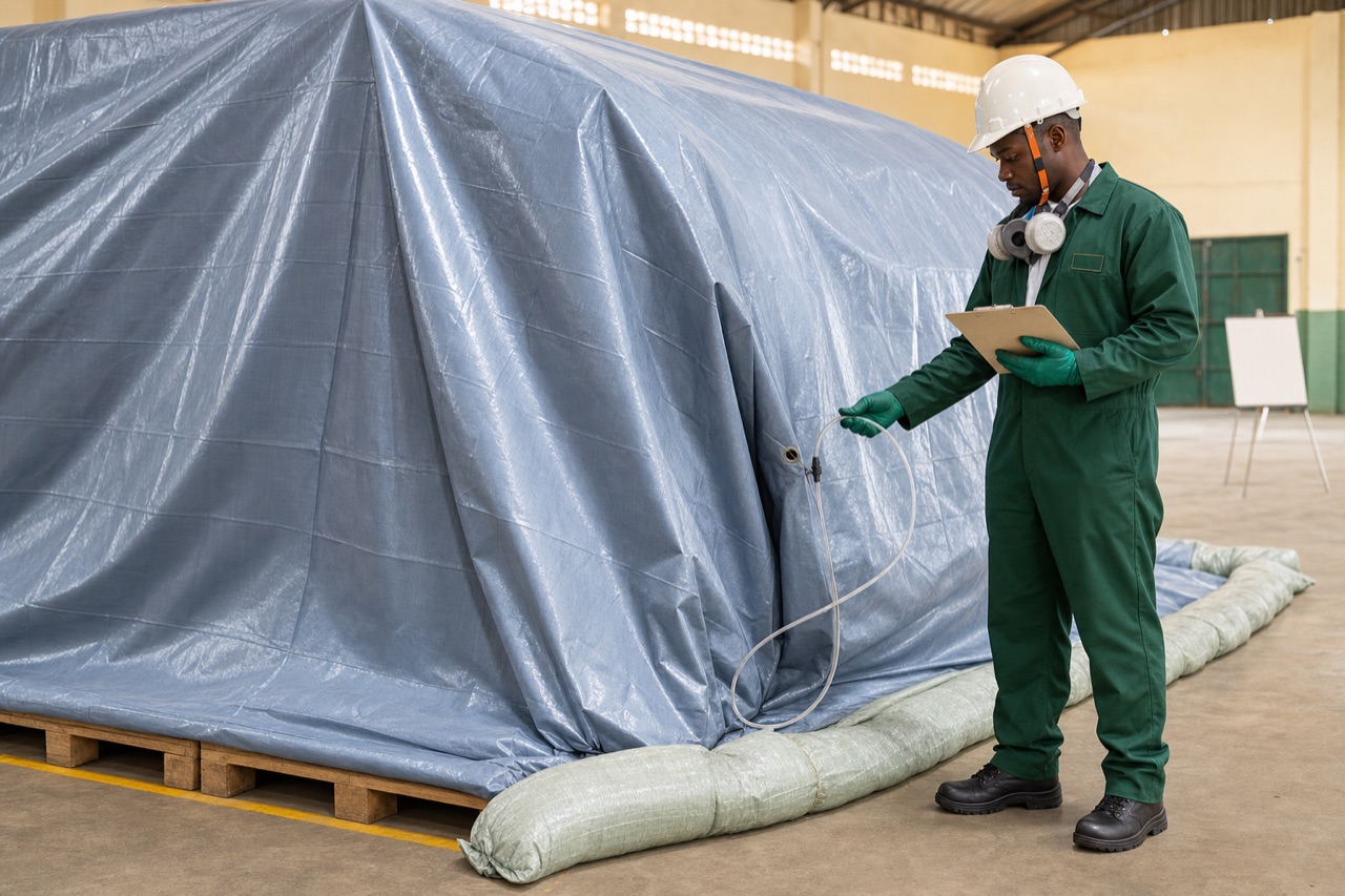 Kenya Pest Control technician in forest green branded coveralls and PPE inspecting a tarped commodity stack during a controlled fumigation in a Kenyan warehouse