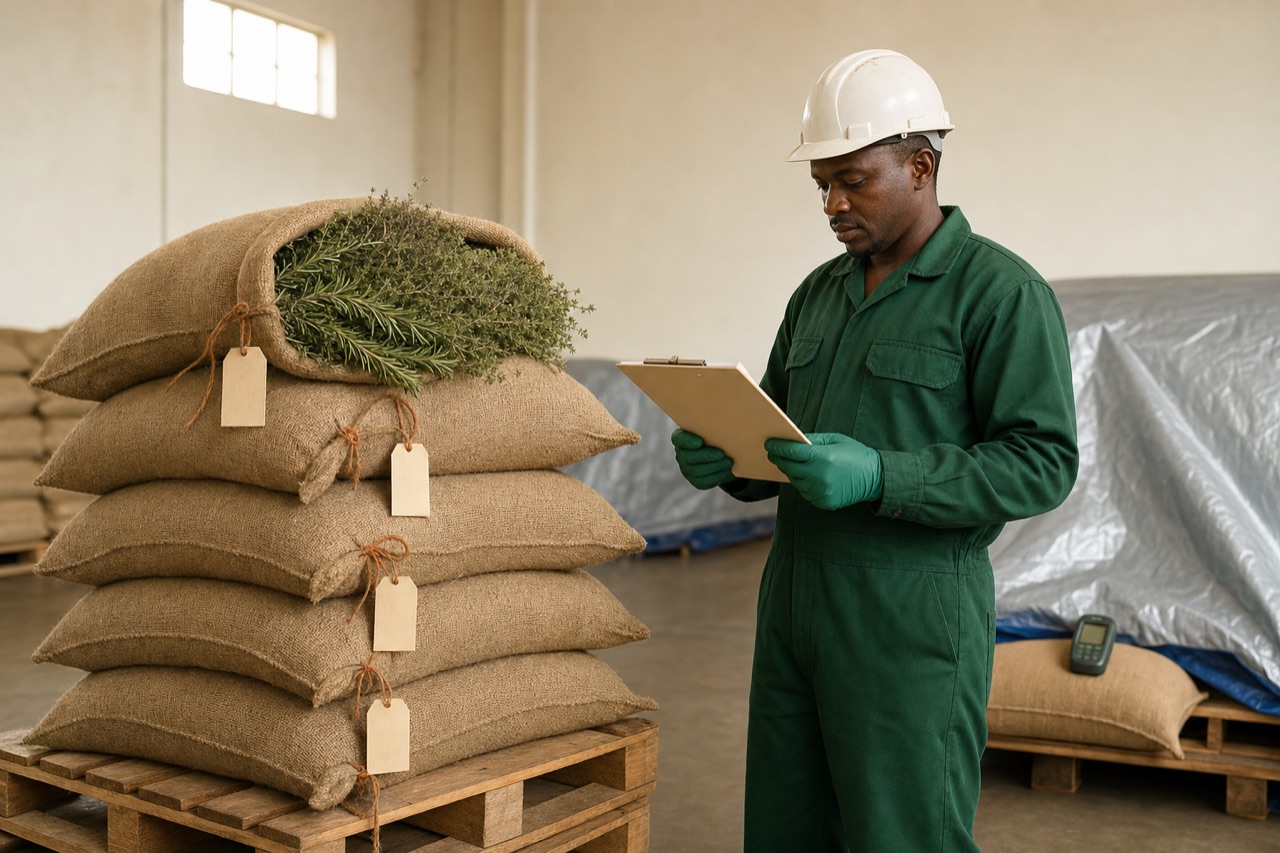 Kenya Pest Control technician in forest green branded coveralls reviewing fumigation records beside jute sacks of dried herbs and spices in a Kenyan export warehouse
