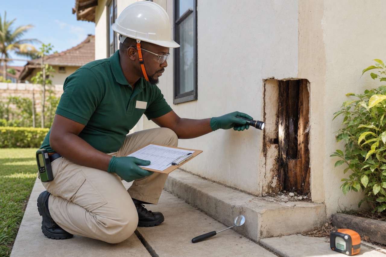 Kenya Pest Control inspector in forest green branded polo using a torch and clipboard to check the slab edge and exterior wall of a Kenyan property during a pest and moisture survey