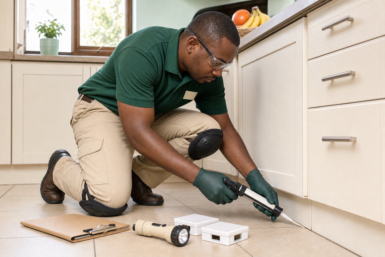 Kenya Pest Control technician in forest green branded polo applying targeted gel bait beneath kitchen cabinets in a Kenyan home