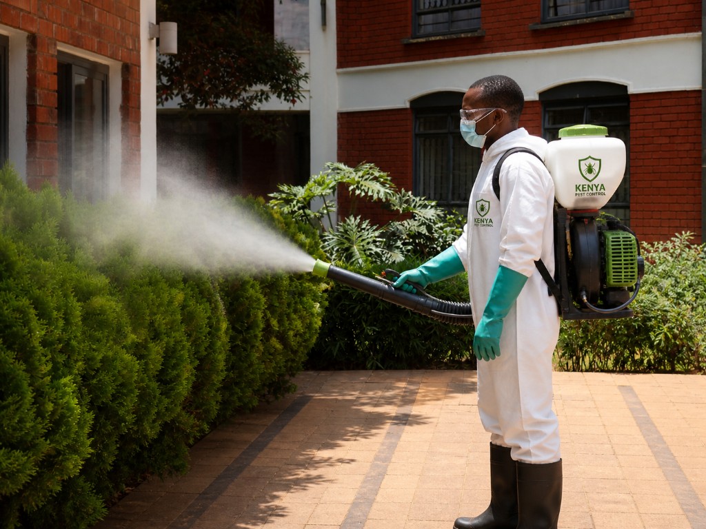 Kenya Pest Control technician in protective gear treating vegetation with a backpack mist blower